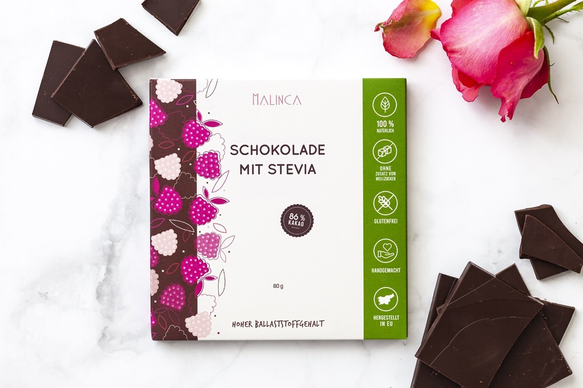 86 % Zartbitterschokolade mit Stevia Malinca